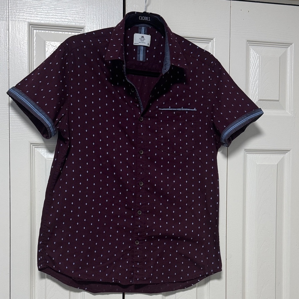Men's Short-Sleeve Button-Down Shirt - Burgundy with Dot Print A-1